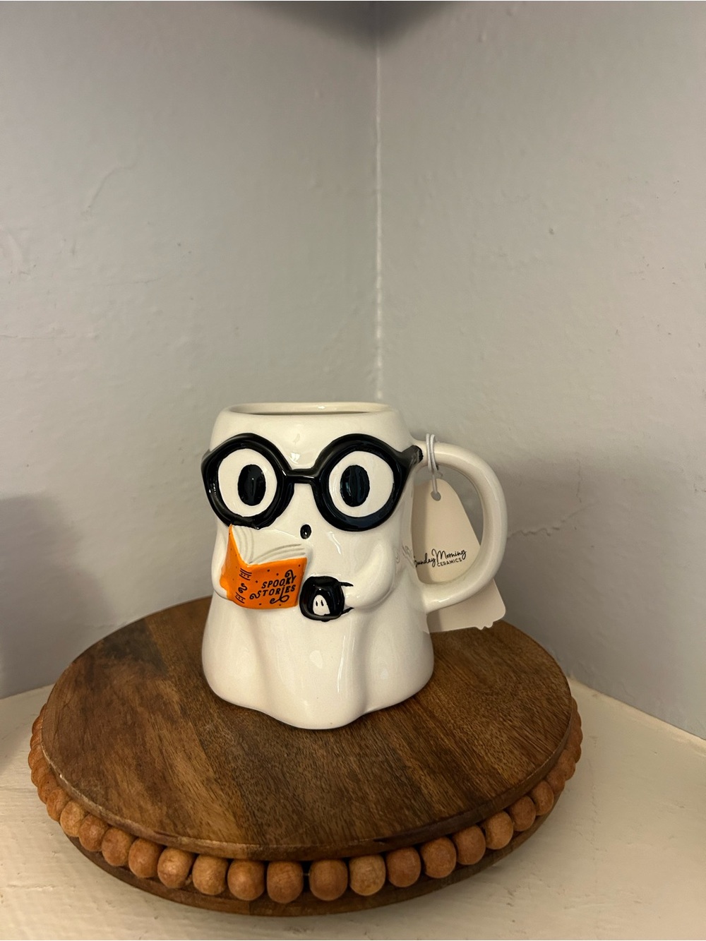 Cute!! White Ghost Mug with Black Glasses and Orange Book
